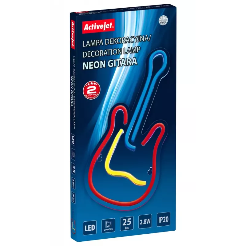 Lampa neonowa LED ActiveJet AJE-NEON GUITAR wielokolorowa USB 5V, 240×176×20 mm, montaż natynkowy