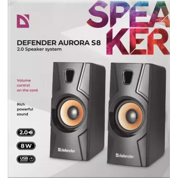Przewodowy głośnik stacjonarny DEFENDER Aurora S8 — 2.0, 8 W RMS, zasilanie USB, 3,5 mm, czarny