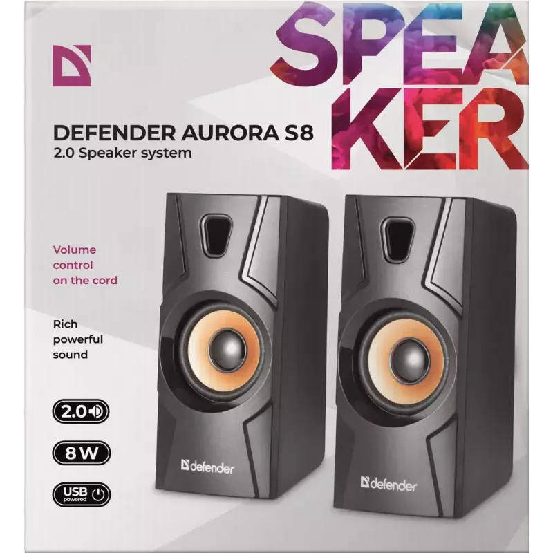 Przewodowy głośnik stacjonarny DEFENDER Aurora S8 — 2.0, 8 W RMS, zasilanie USB, 3,5 mm, czarny