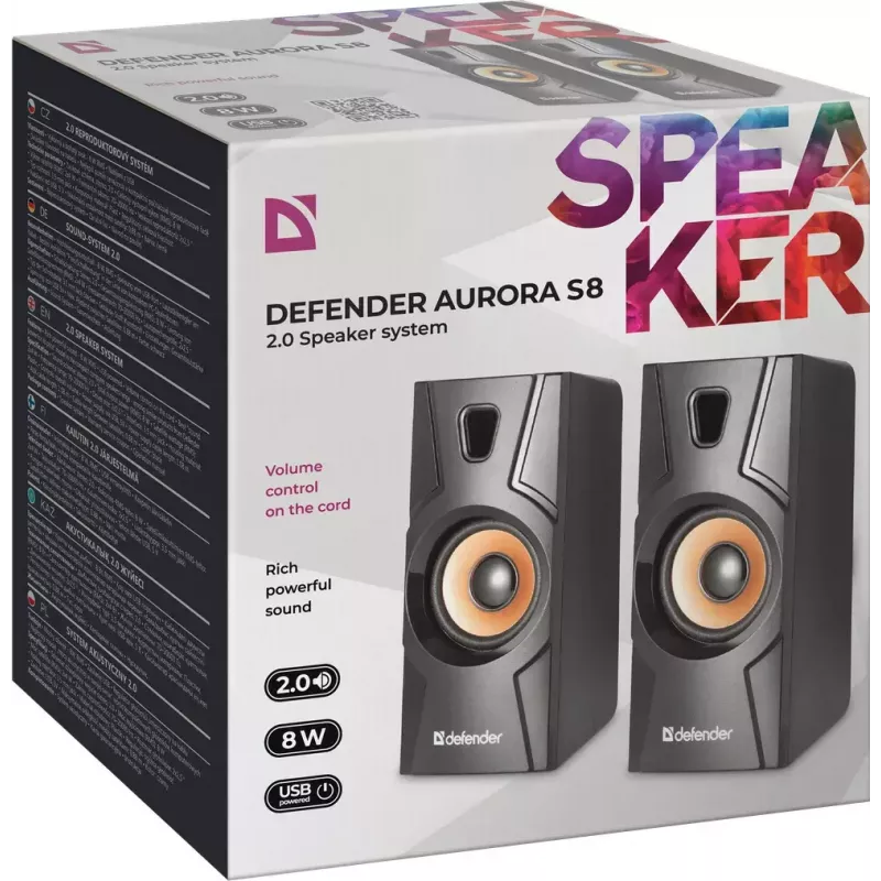 Przewodowy głośnik stacjonarny DEFENDER Aurora S8 — 2.0, 8 W RMS, zasilanie USB, 3,5 mm, czarny