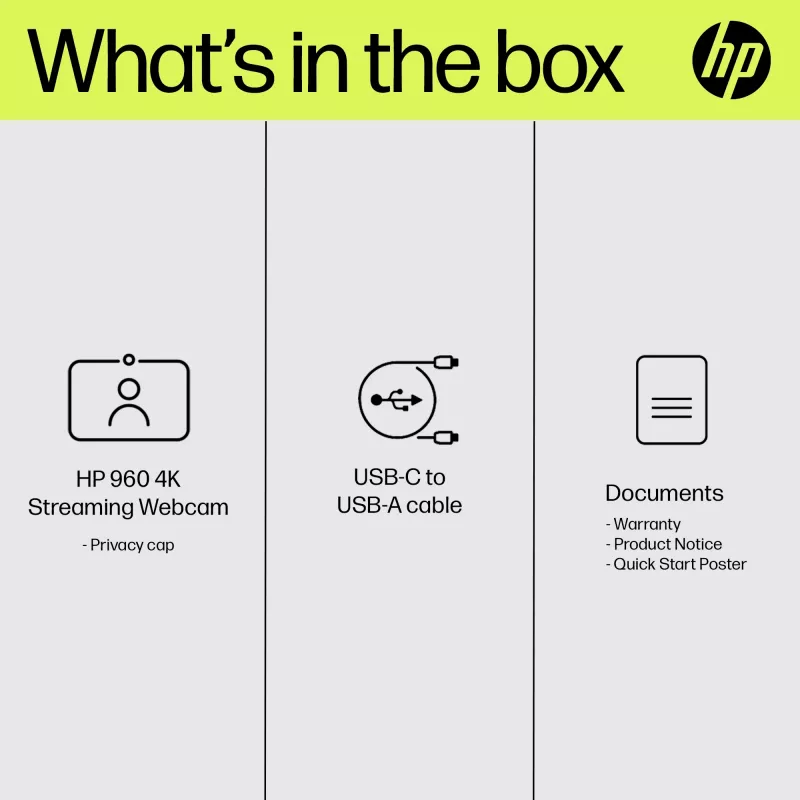 HP 960 4K Streaming Webcam, 8 MP, 3840 x 2160 pikseli, 4K Ultra HD, 30 fps, 5x, Dom
