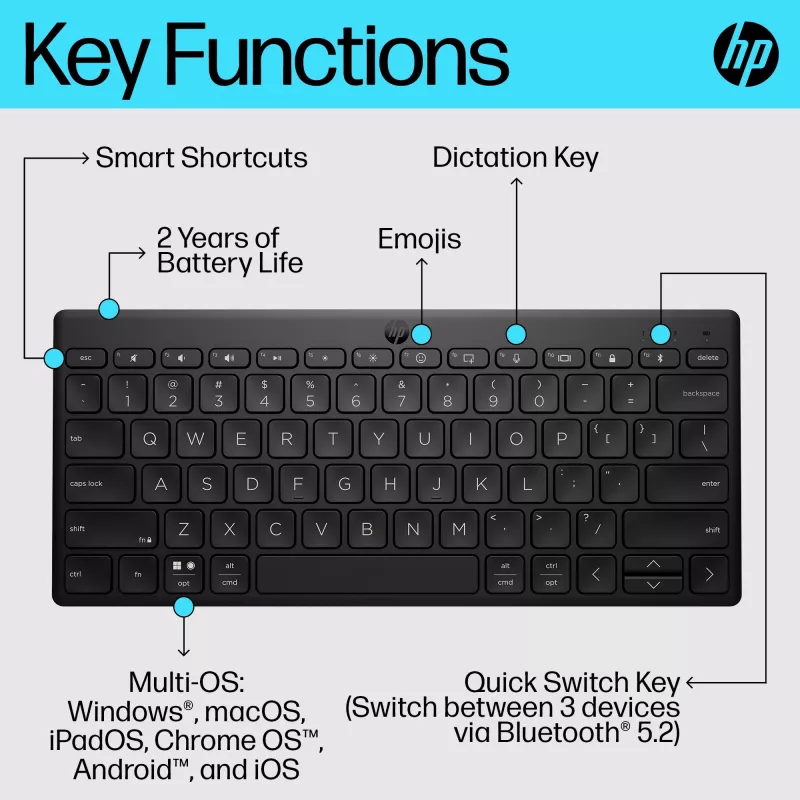 Klawiatura Bluetooth HP 350 Compact Multi-Device, bezprzewodowa, Bluetooth, mechaniczna, QWERTY, czarna
