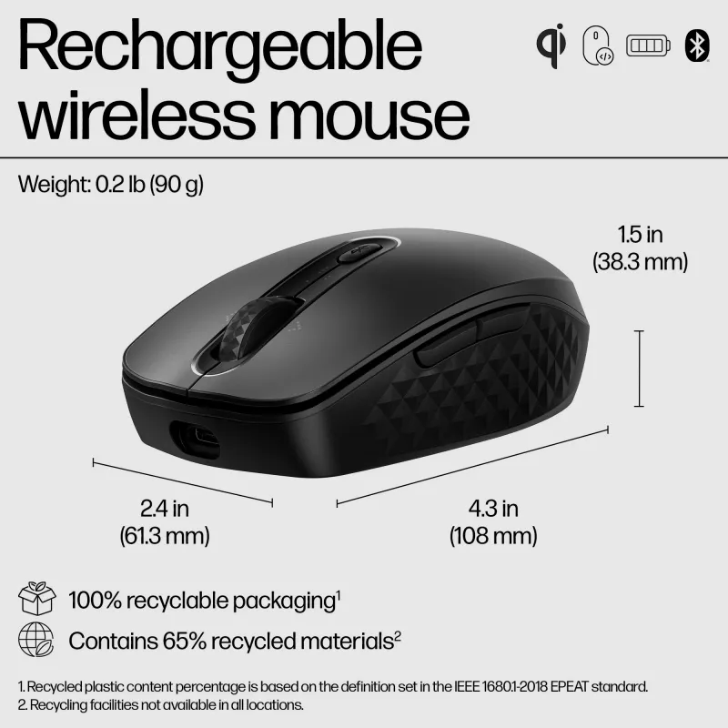 HP 690 Bezprzewodowa mysz ładowalna, symetryczna, Bluetooth, 4000 DPI, czarna