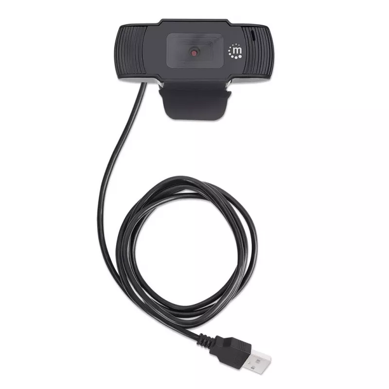 Kamera internetowa Manhattan USB, dwa megapiksele (cena wyprzedażowa), 1080p Full HD, USB-A, zintegrowany mikrofon, regulowana podstawa z klipsem, 30 klatek na sekundę, czarna, trzyletnia gwarancja, pudełko