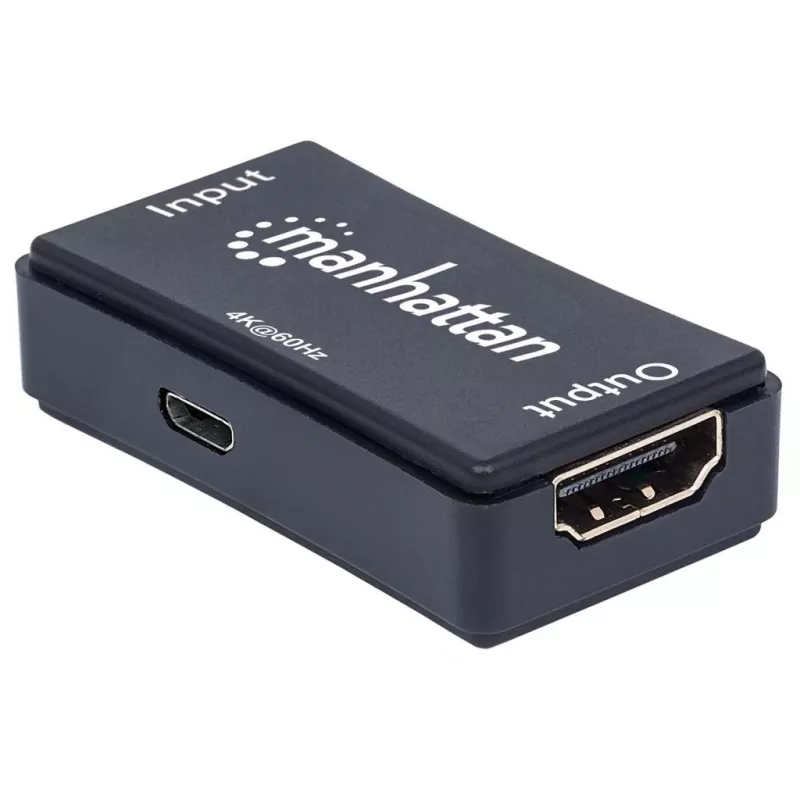 Wzmacniacz AV Manhattan HDMI Repeater 4K@60Hz, 1xHDMI we/wy, pasmo 600 MHz, do 40 m, zasilanie micro‑USB, czarny