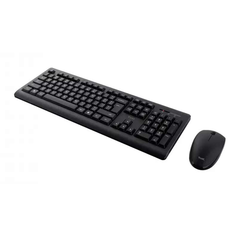 Bezprzewodowy zestaw klawiatura i mysz TRUST Primo — pełnowymiarowa klawiatura QWERTY US English, odbiornik RF USB-A, mysz optyczna 1200 DPI, czarna
