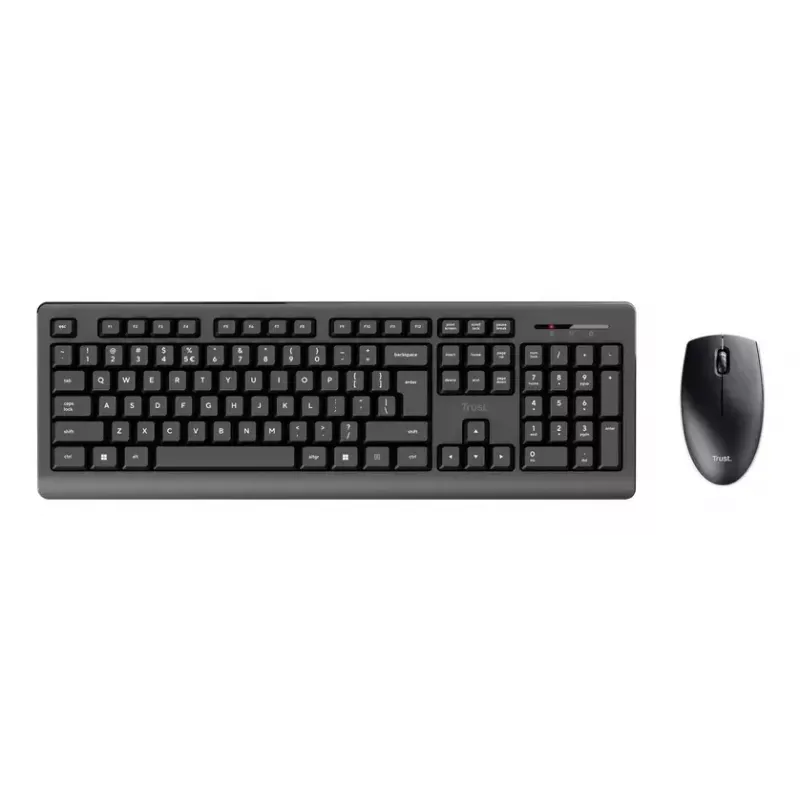 Bezprzewodowy zestaw klawiatura i mysz TRUST Primo — pełnowymiarowa klawiatura QWERTY US English, odbiornik RF USB-A, mysz optyczna 1200 DPI, czarna