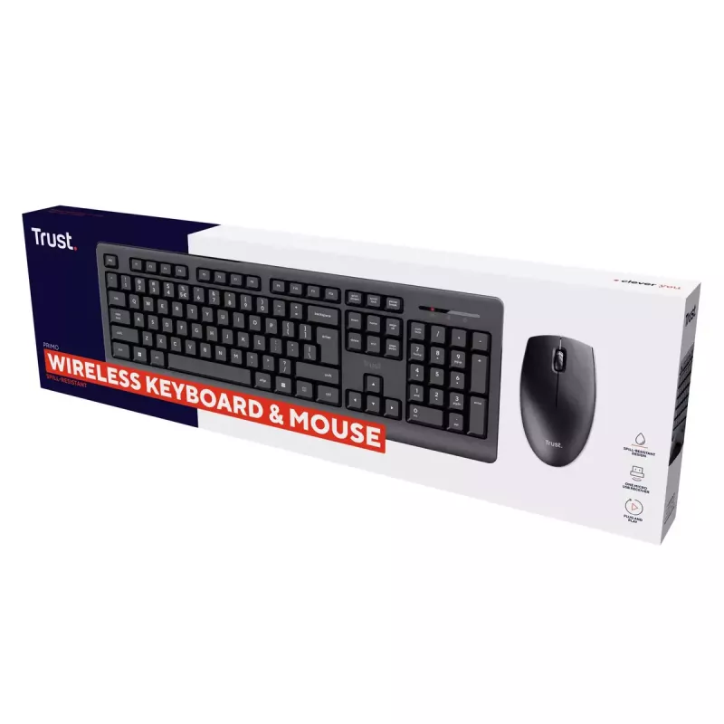 Bezprzewodowy zestaw klawiatura i mysz TRUST Primo — pełnowymiarowa klawiatura QWERTY US English, odbiornik RF USB-A, mysz optyczna 1200 DPI, czarna