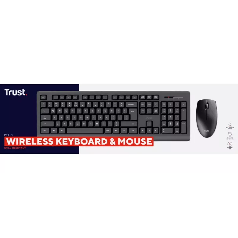 Bezprzewodowy zestaw klawiatura i mysz TRUST Primo — pełnowymiarowa klawiatura QWERTY US English, odbiornik RF USB-A, mysz optyczna 1200 DPI, czarna