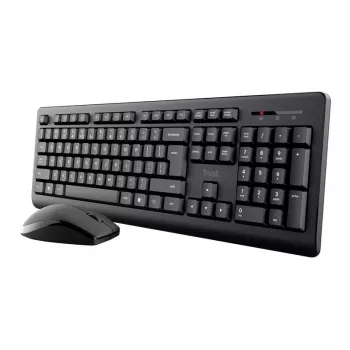 Bezprzewodowy zestaw klawiatura i mysz TRUST Primo — pełnowymiarowa klawiatura QWERTY US English, odbiornik RF USB-A, mysz optyczna 1200 DPI, czarna