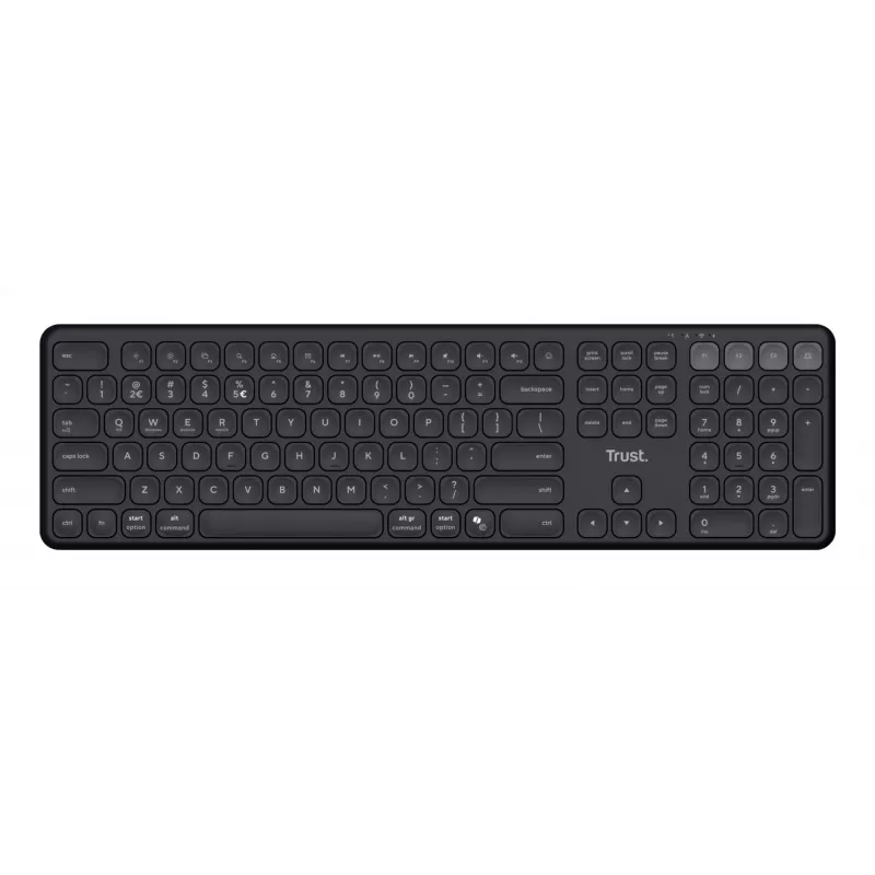 Klawiatura TRUST Vaiya Universal USB RF Wireless Bluetooth — Pełnowymiarowa US English, ładowanie USB-C, klawisze nożycowe, klawiatura numeryczna, czarna