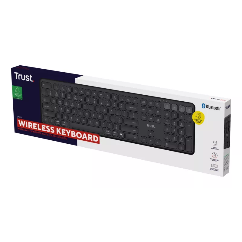 Klawiatura TRUST Vaiya Universal USB RF Wireless Bluetooth — Pełnowymiarowa US English, ładowanie USB-C, klawisze nożycowe, klawiatura numeryczna, czarna