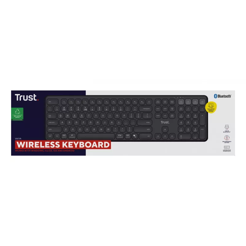 Klawiatura TRUST Vaiya Universal USB RF Wireless Bluetooth — Pełnowymiarowa US English, ładowanie USB-C, klawisze nożycowe, klawiatura numeryczna, czarna