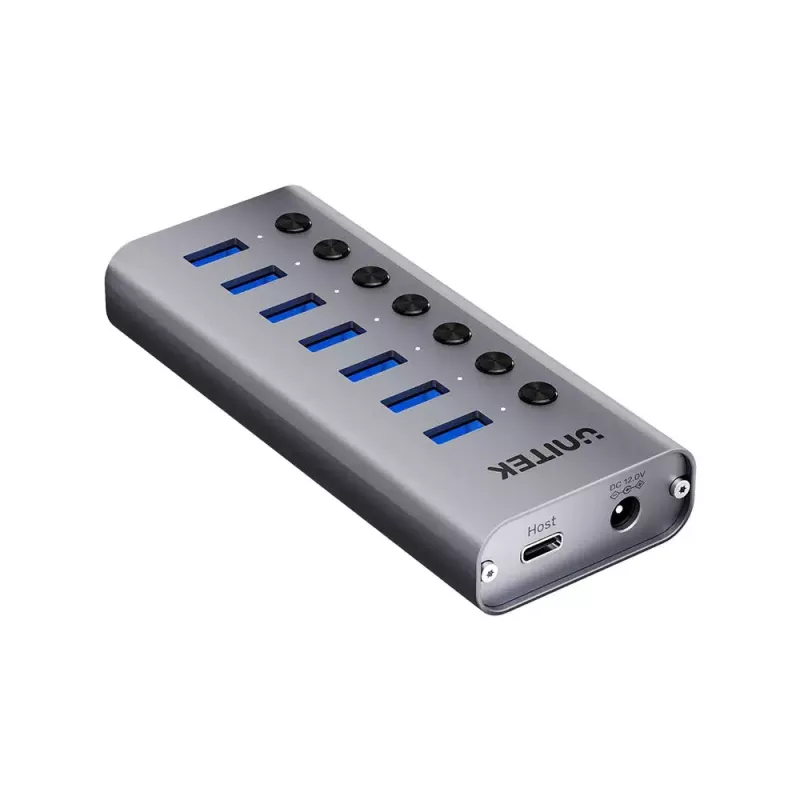 Hub USB typu C Unitek H1314A01-EU — 7× USB 3.2 Gen1 Type-A, czytnik kart SD, Gigabit Ethernet, 4K@60Hz, 100W PD, aluminium, szary