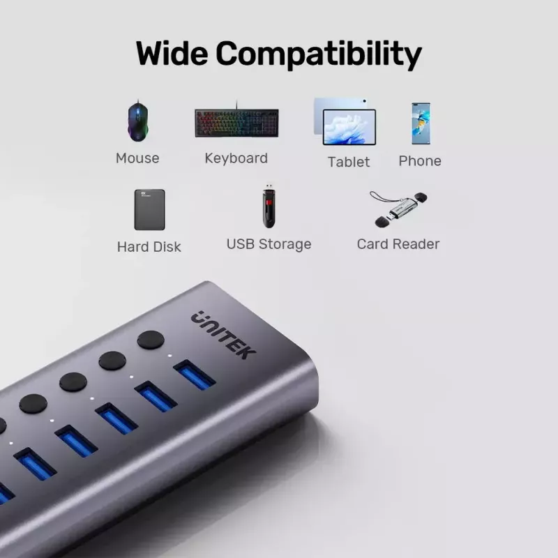 Hub USB typu C Unitek H1314A01-EU — 7× USB 3.2 Gen1 Type-A, czytnik kart SD, Gigabit Ethernet, 4K@60Hz, 100W PD, aluminium, szary