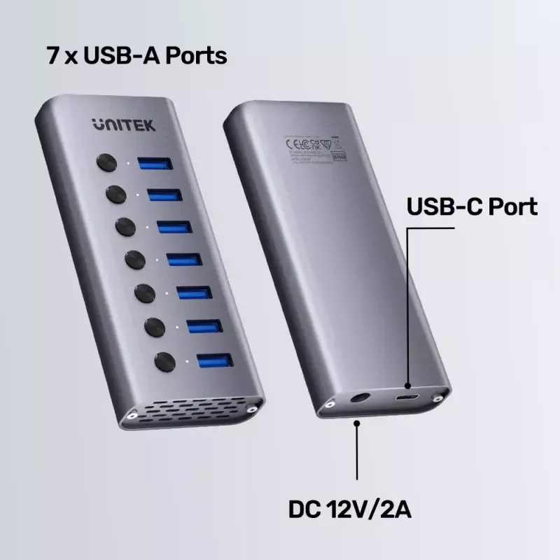 Hub USB typu C Unitek H1314A01-EU — 7× USB 3.2 Gen1 Type-A, czytnik kart SD, Gigabit Ethernet, 4K@60Hz, 100W PD, aluminium, szary