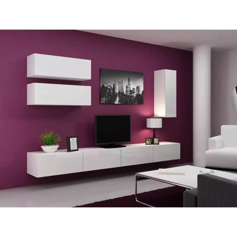 Szafka pod telewizor Cama Meble VIGO 140, 1400×400×300 mm, biały połysk blat, płyta wiórowa, biała rama