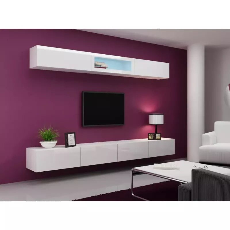 Szafka pod telewizor Cama Meble VIGO 140, 1400×400×300 mm, biały połysk blat, płyta wiórowa, biała rama