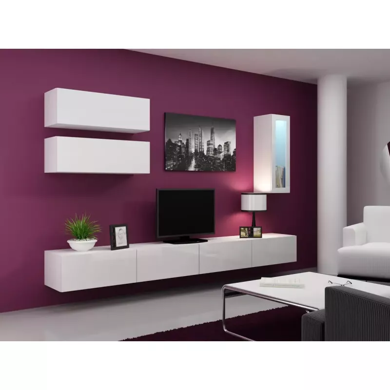 Szafka pod telewizor Cama Meble VIGO 140, 1400×400×300 mm, biały połysk blat, płyta wiórowa, biała rama