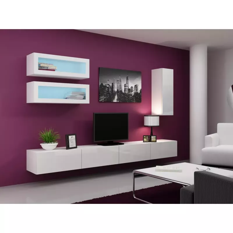 Szafka pod telewizor Cama Meble VIGO 140, 1400×400×300 mm, biały połysk blat, płyta wiórowa, biała rama