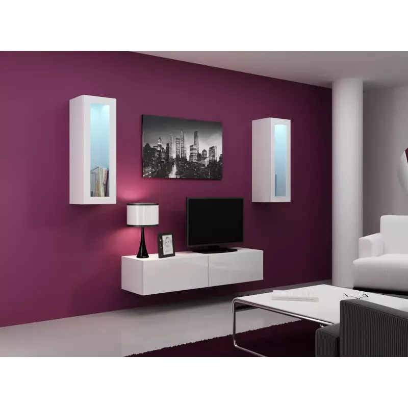 Szafka pod telewizor Cama Meble VIGO 140, 1400×400×300 mm, biały połysk blat, płyta wiórowa, biała rama