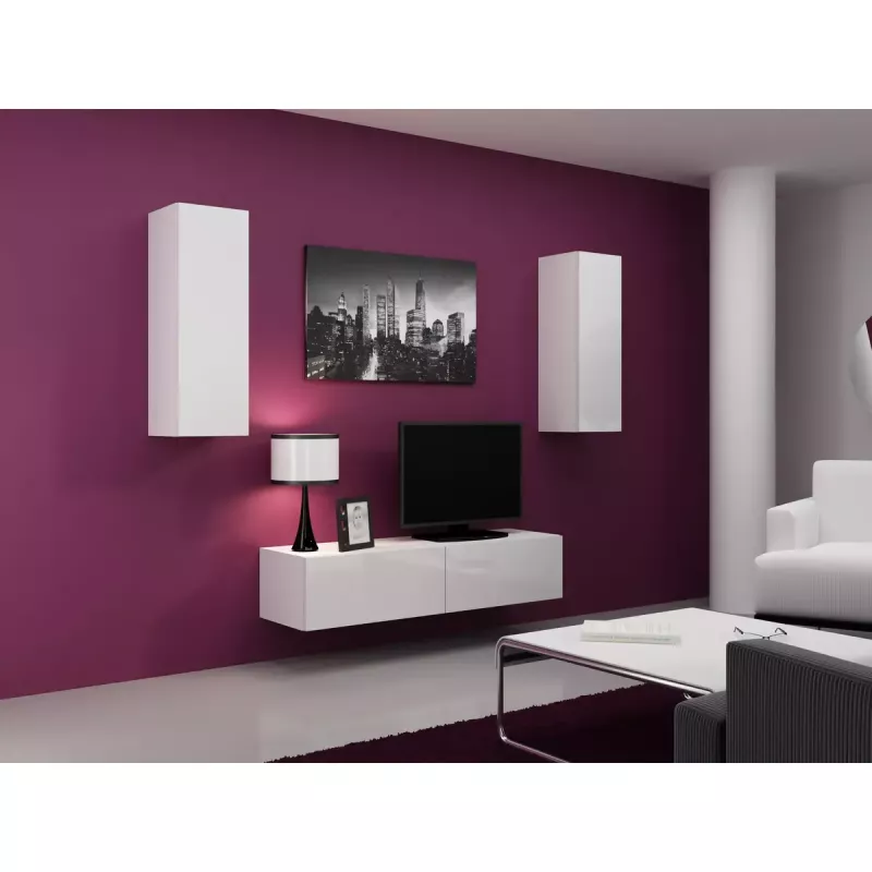 Szafka pod telewizor Cama Meble VIGO 140, 1400×400×300 mm, biały połysk blat, płyta wiórowa, biała rama