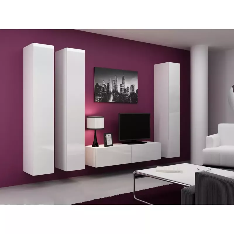 Szafka pod telewizor Cama Meble VIGO 140, 1400×400×300 mm, biały połysk blat, płyta wiórowa, biała rama