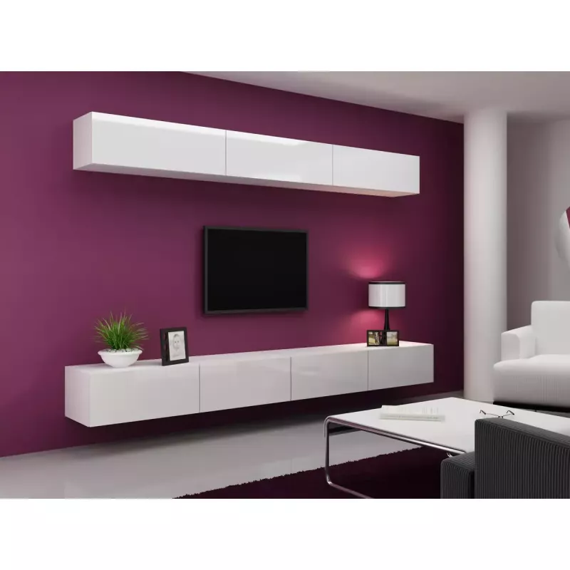 Szafka pod telewizor Cama Meble VIGO 140, 1400×400×300 mm, biały połysk blat, płyta wiórowa, biała rama
