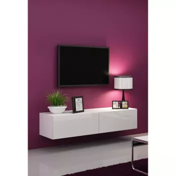 Szafka pod telewizor Cama Meble VIGO 140, 1400×400×300 mm, biały połysk blat, płyta wiórowa, biała rama