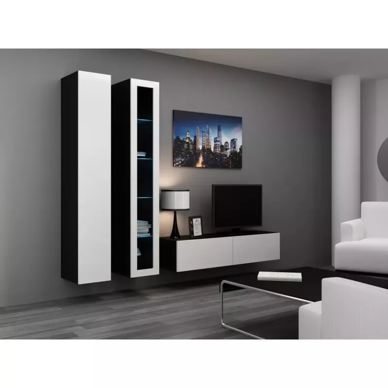 Szafka TV cama meble VIGO 140 — 1400×400×300 mm, blat z płyty wiórowej, czarny/biały połysk