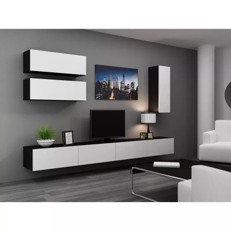 Szafka TV cama meble VIGO 140 — 1400×400×300 mm, blat z płyty wiórowej, czarny/biały połysk