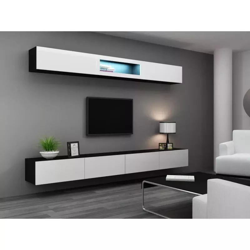 Szafka TV cama meble VIGO 140 — 1400×400×300 mm, blat z płyty wiórowej, czarny/biały połysk