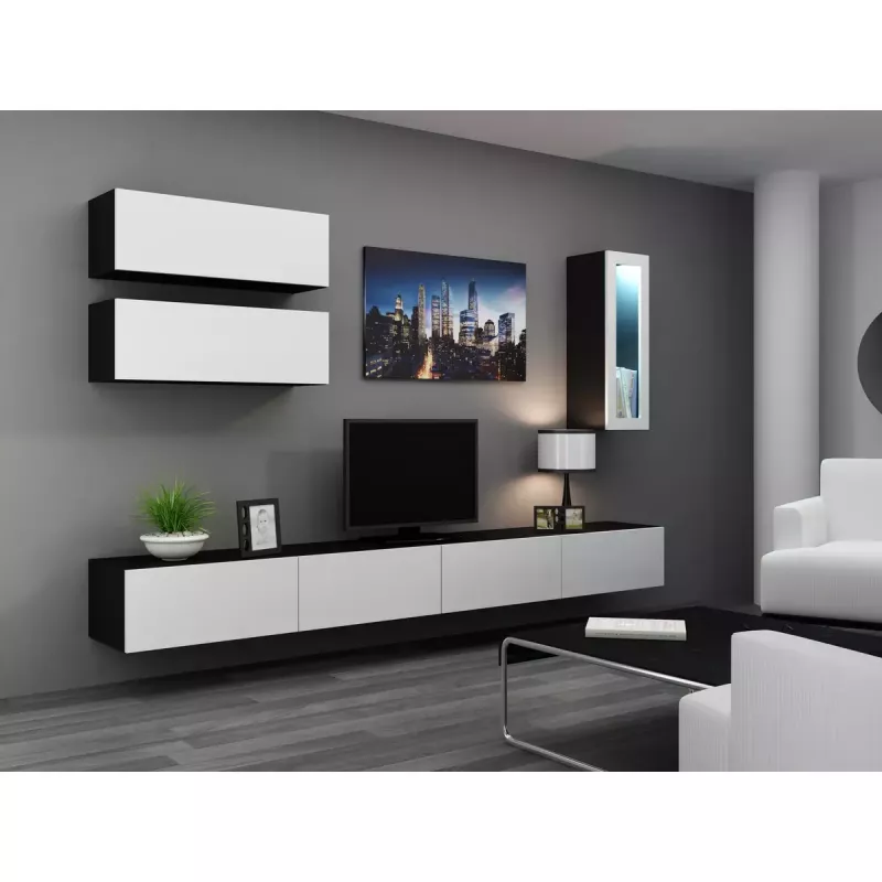 Szafka TV cama meble VIGO 140 — 1400×400×300 mm, blat z płyty wiórowej, czarny/biały połysk