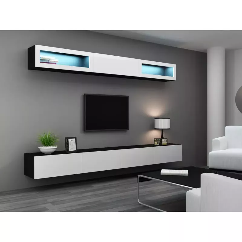 Szafka TV cama meble VIGO 140 — 1400×400×300 mm, blat z płyty wiórowej, czarny/biały połysk