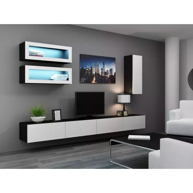 Szafka TV cama meble VIGO 140 — 1400×400×300 mm, blat z płyty wiórowej, czarny/biały połysk