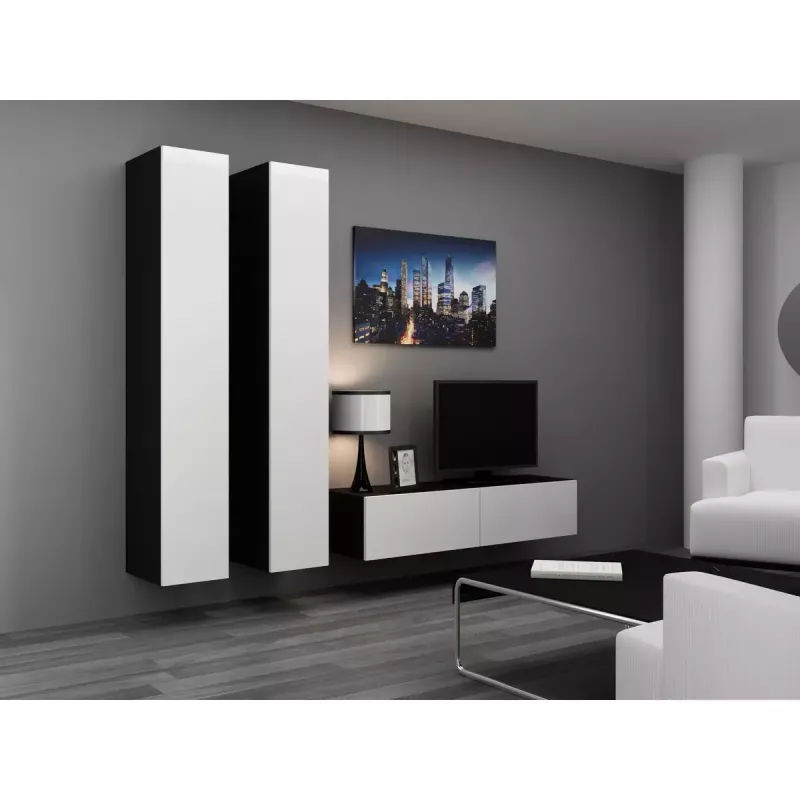Szafka TV cama meble VIGO 140 — 1400×400×300 mm, blat z płyty wiórowej, czarny/biały połysk