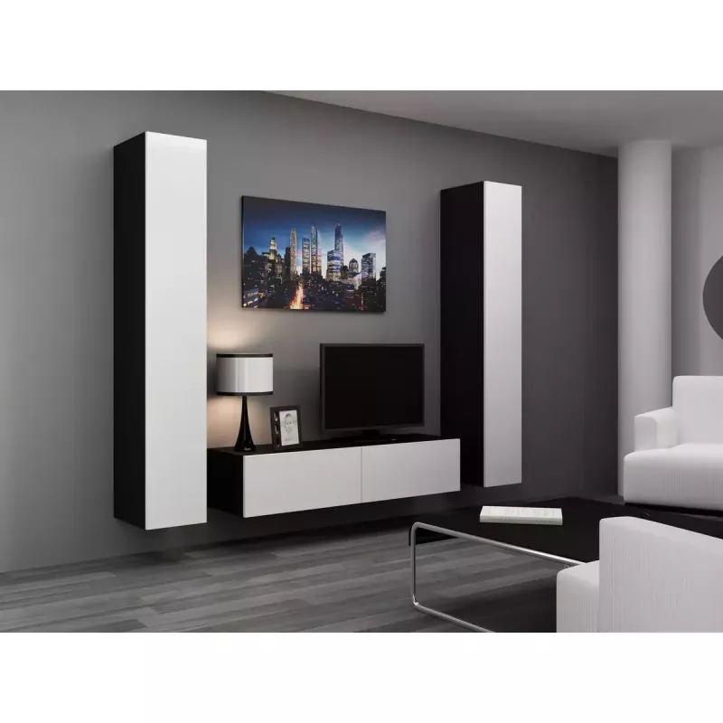 Szafka TV cama meble VIGO 140 — 1400×400×300 mm, blat z płyty wiórowej, czarny/biały połysk
