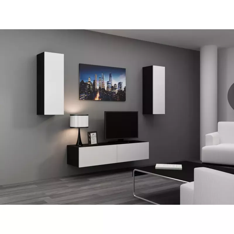 Szafka TV cama meble VIGO 140 — 1400×400×300 mm, blat z płyty wiórowej, czarny/biały połysk
