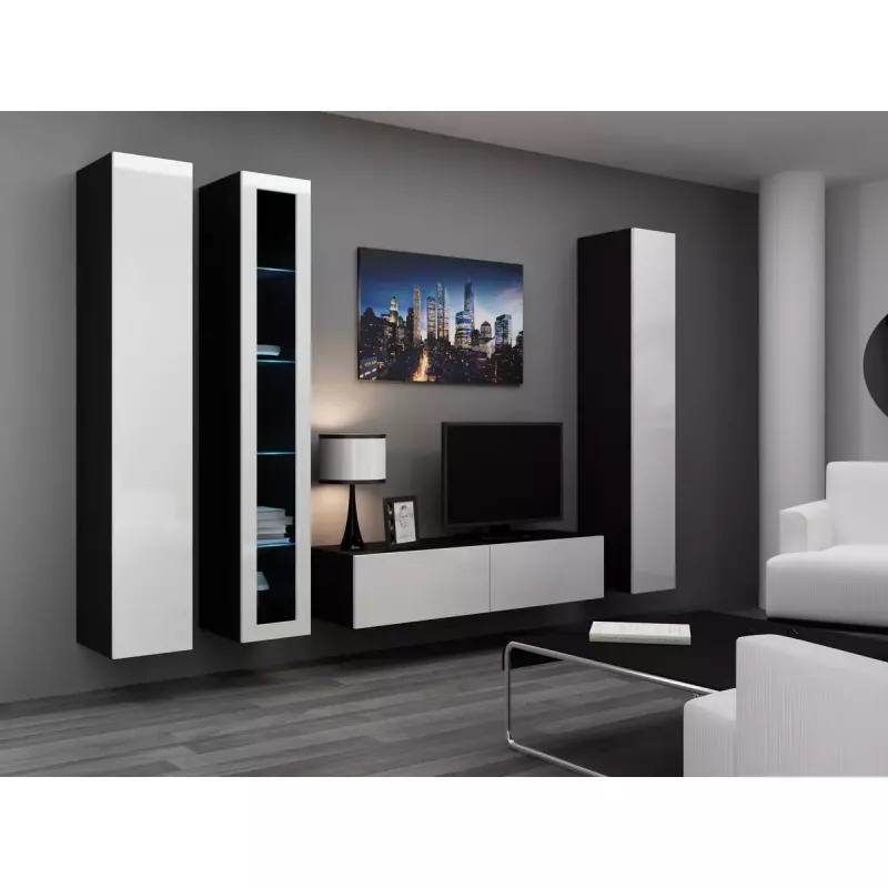 Szafka TV cama meble VIGO 140 — 1400×400×300 mm, blat z płyty wiórowej, czarny/biały połysk
