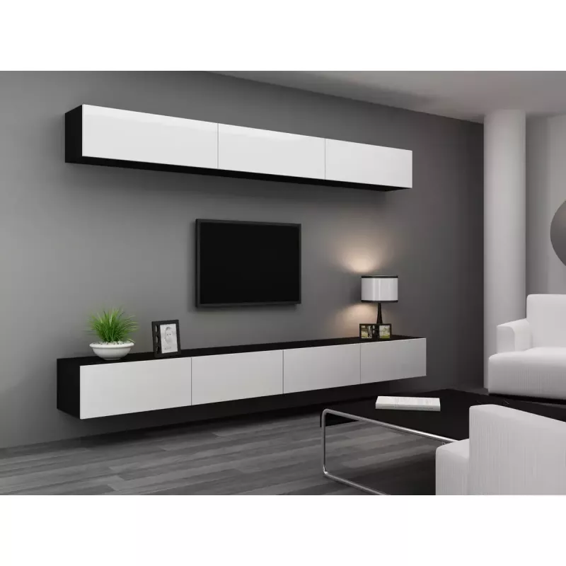 Szafka TV cama meble VIGO 140 — 1400×400×300 mm, blat z płyty wiórowej, czarny/biały połysk