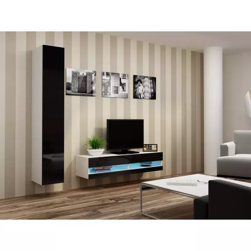 Stolik pod telewizor Cama Meble VIGO NEW 30/140/40 – 1400×400×300 mm, biały blat, płyta wiórowa, biała rama, biały/czarny połysk