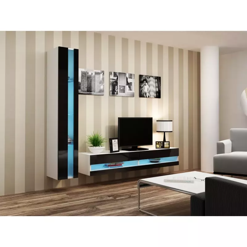 Stolik pod telewizor Cama Meble VIGO NEW 30/140/40 – 1400×400×300 mm, biały blat, płyta wiórowa, biała rama, biały/czarny połysk