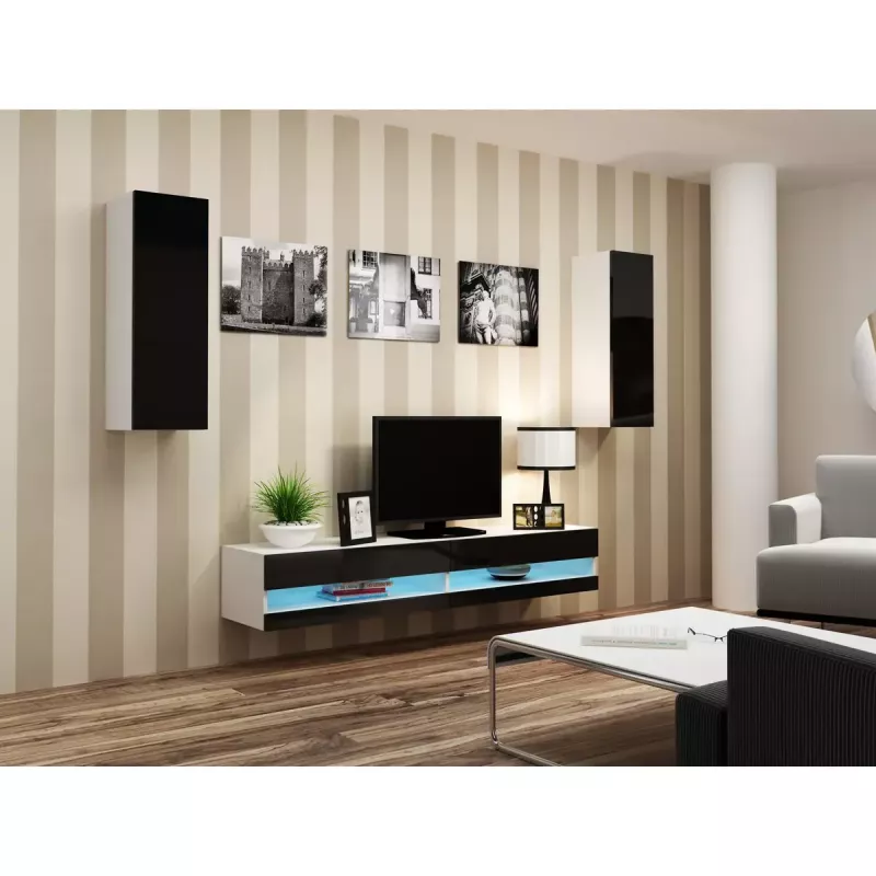 Stolik pod telewizor Cama Meble VIGO NEW 30/140/40 – 1400×400×300 mm, biały blat, płyta wiórowa, biała rama, biały/czarny połysk