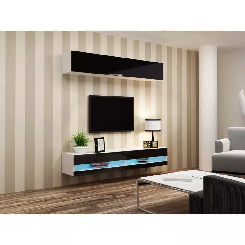 Stolik pod telewizor Cama Meble VIGO NEW 30/140/40 – 1400×400×300 mm, biały blat, płyta wiórowa, biała rama, biały/czarny połysk
