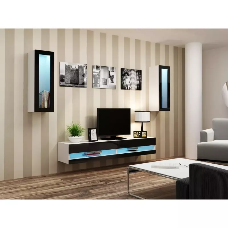 Stolik pod telewizor Cama Meble VIGO NEW 30/140/40 – 1400×400×300 mm, biały blat, płyta wiórowa, biała rama, biały/czarny połysk
