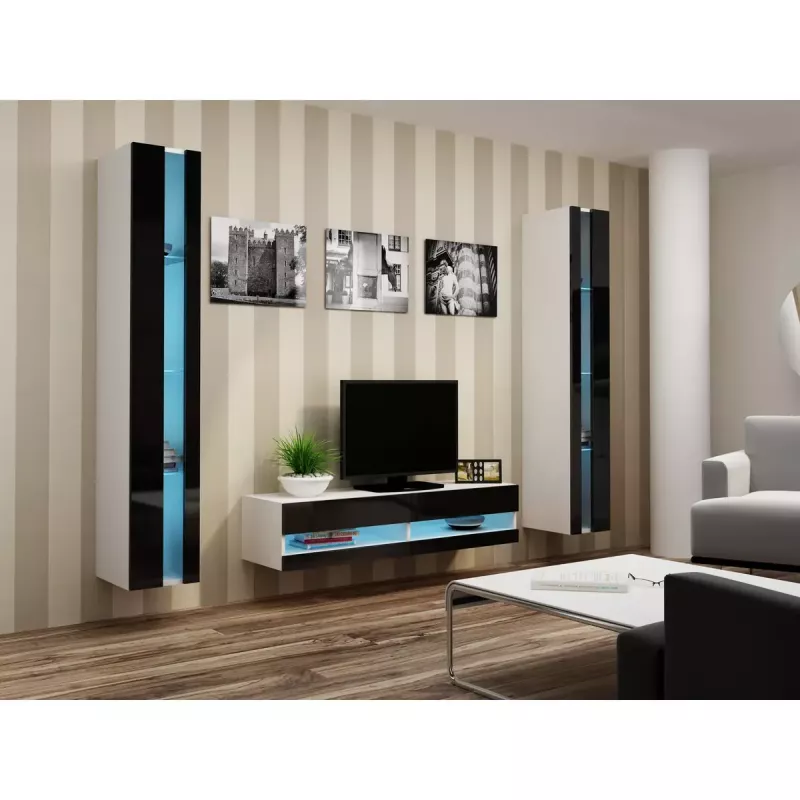 Stolik pod telewizor Cama Meble VIGO NEW 30/140/40 – 1400×400×300 mm, biały blat, płyta wiórowa, biała rama, biały/czarny połysk