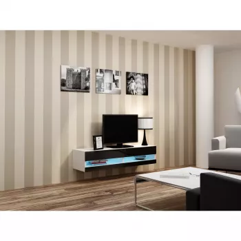 Stolik pod telewizor Cama Meble VIGO NEW 30/140/40 – 1400×400×300 mm, biały blat, płyta wiórowa, biała rama, biały/czarny połysk
