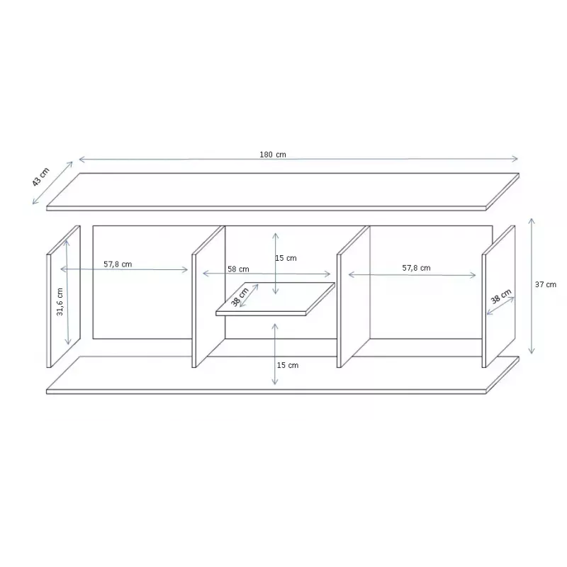 Stolik pod TV cama meble SOHO 180 — 1800×430×370 mm, biały blat (płyta wiórowa), biała rama