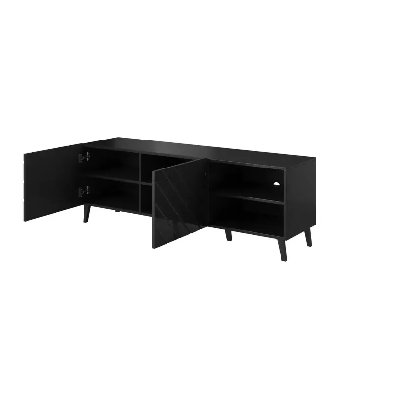 Szafka RTV ABETO 150x42x52 cm, czarny połysk, blat MDF, czarna rama