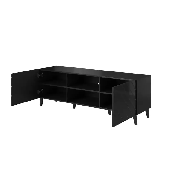 Szafka RTV ABETO 150x42x52 cm, czarny połysk, blat MDF, czarna rama